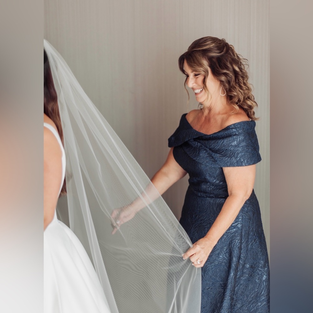Teri Jon Navy Off-the-Shoulder Jacquard A-Line Gown - Picture 3 of 3
